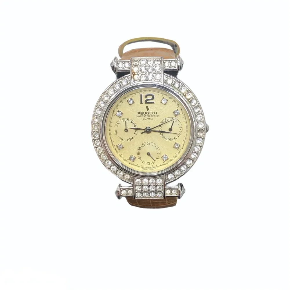 P. PEUGEOT YELLOW FACE & CROCODILE STAMPED BAND WITH CRYSTAL BEZEL WATCH